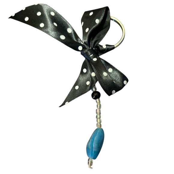 Handmade Polka Dot Bow Keychain with Blue Bead - Picture 1 of 3